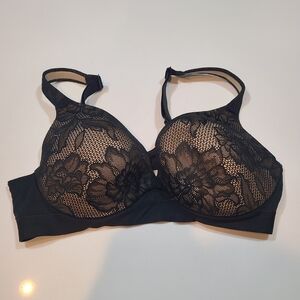 Cacique Black Lightly Lined Plunge Lace Floral Bra in 38D